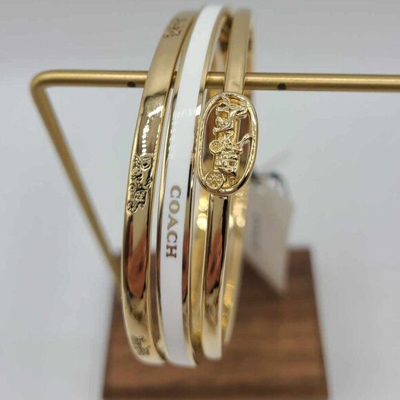 Coach Three Bangle Gold Tone White Enamel Set NWT!  NEW! - Picture 3 of 10